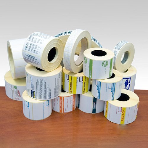 Rolls of pre-printed barcode labels in various sizes and colors