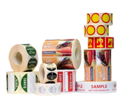 Assorted printed self-adhesive label and sticker rolls