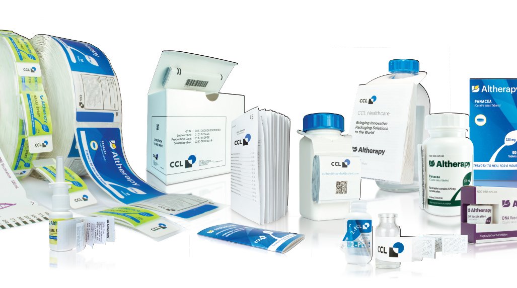 Pharmaceutical labels on healthcare bottles, boxes and packaging